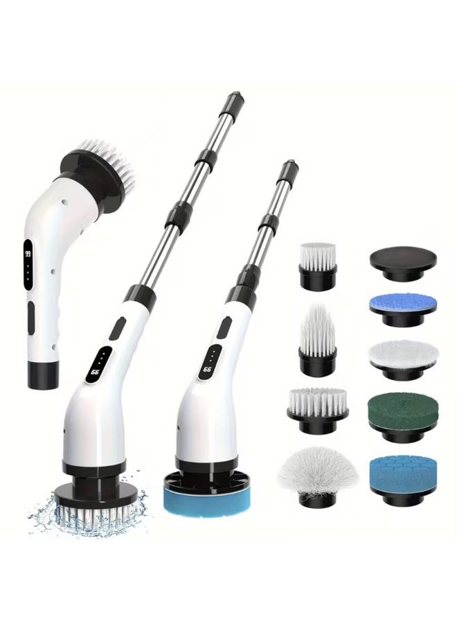 فرشاة تنظيف كهربائية دوارة لاسلكية 9 في 1 مع 9 رؤوس فرشاة قابلة للاستبدال وذراع تمديد قابل للتعديل بطول 54 بوصة، فرشاة تنظيف قوية قابلة لإعادة الشحن للحمام والمطبخ والبلاط والأرضيات وأحواض الاستحمام - Image 1